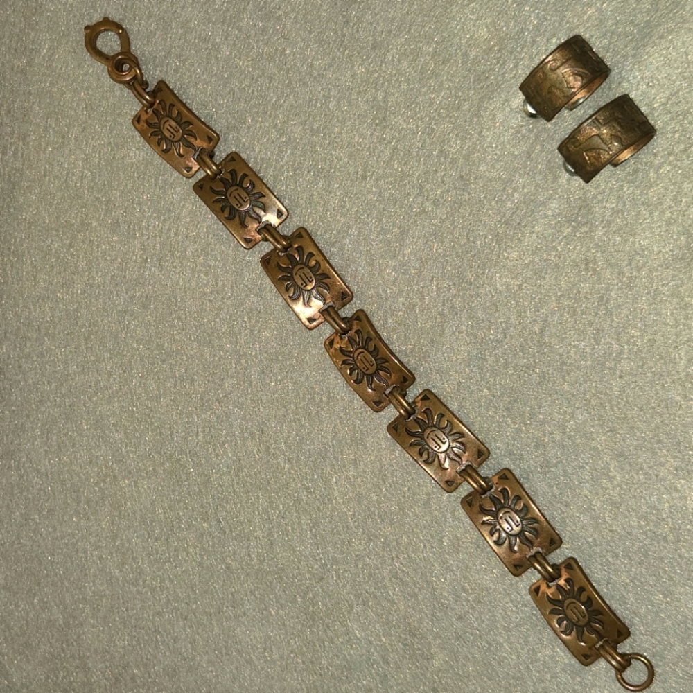 Aztec Sun etched copper bracelet & Loop Earrings